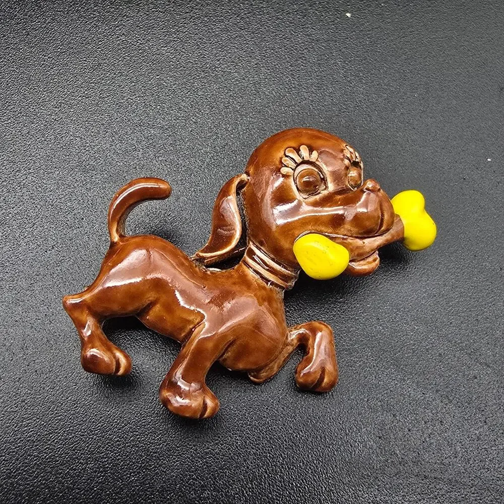 Brown Enamel Dog Brooch with Yellow Bone Vintage Costume Jewelry